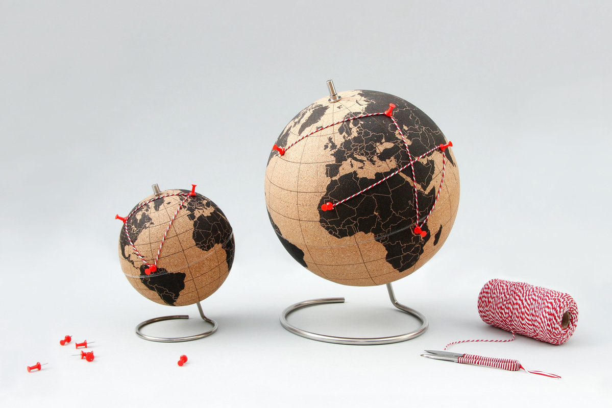 Suck UK cork globe red pins red string travel globe homeware interior design 15 Romantic Travel Gift Ideas for Valentine's Day