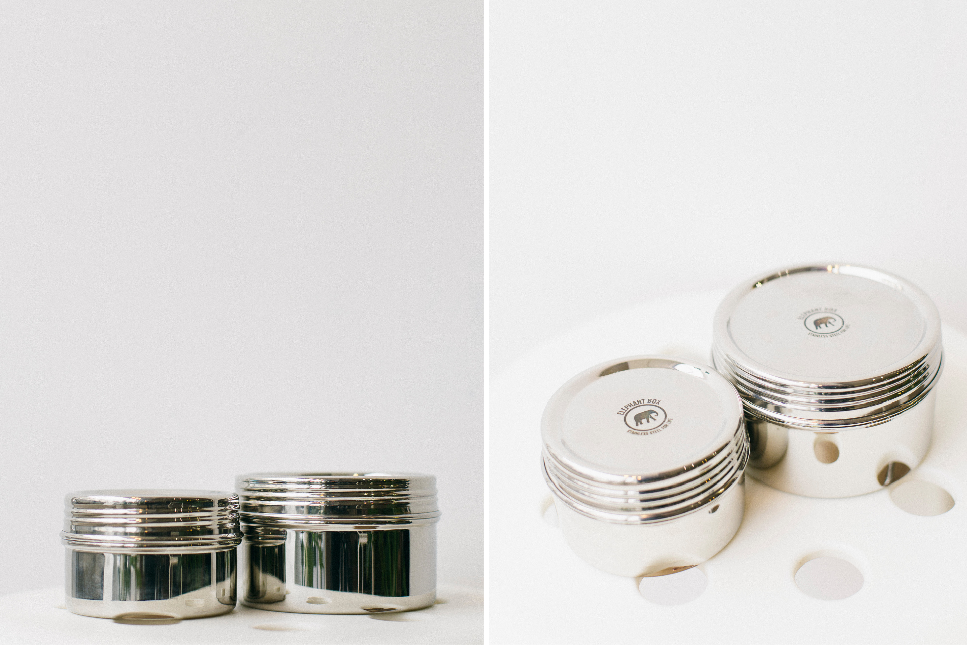 Elephant Box plastic-free reusable food canisters. Small and large canisters. Stainless steel food canisters.