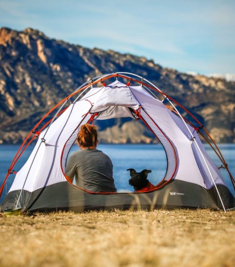woman-in-tent-with-dog-camping-on-the-grass-near-a-lake-and-mountains-sustainable-travel-tips