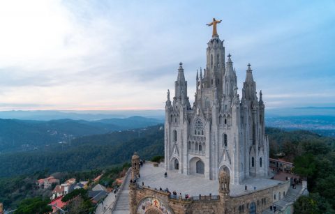 grand-church-cathedral-sitting-on-a-hill-at-sunset-#temple-of-the-secret-heart-of-jesus-at-tibidabo-amusement-park-two-days-in-barcelona