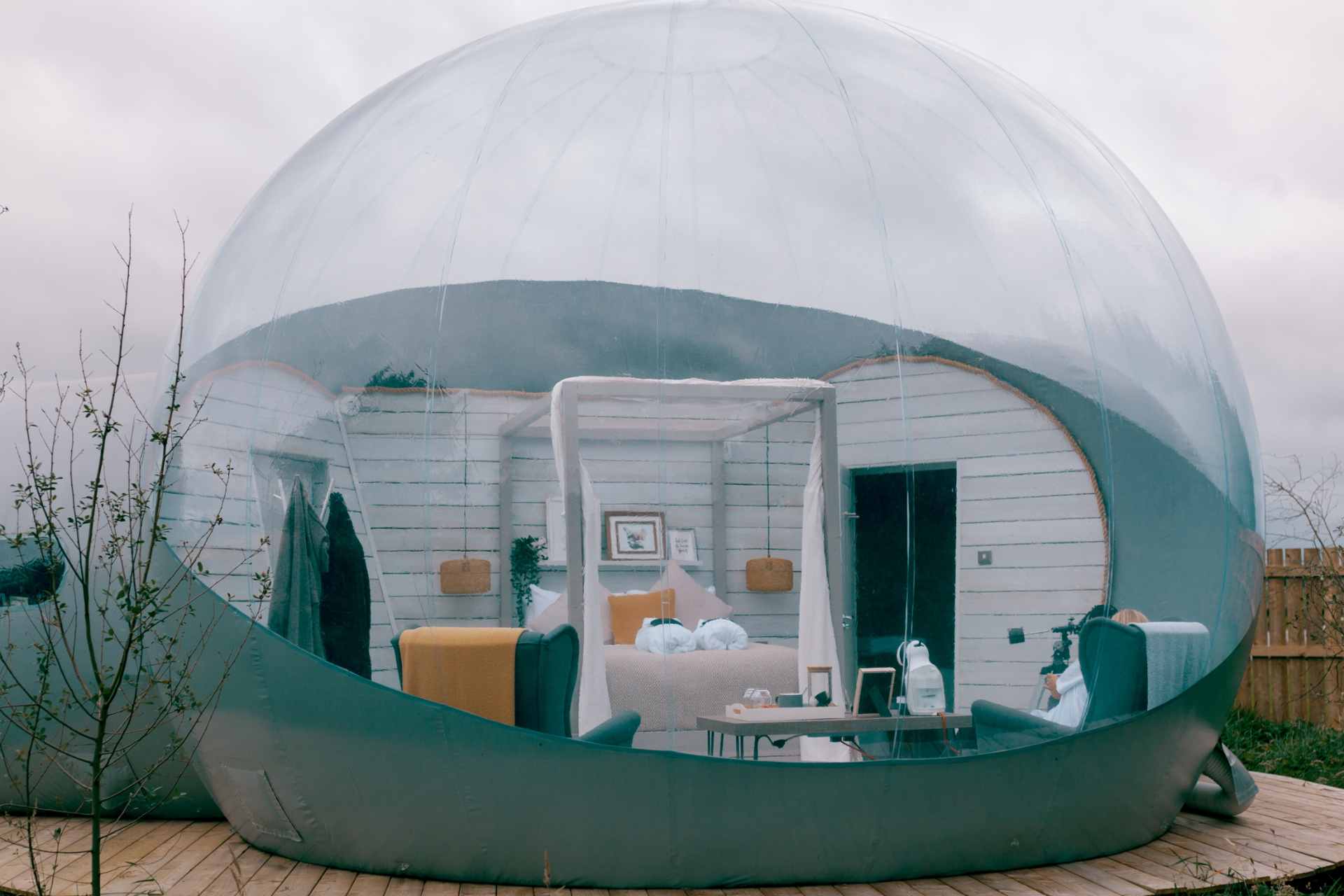 foxborough-bubble-den-on-decking-with-four-poster-bed-glamping-northern-ireland