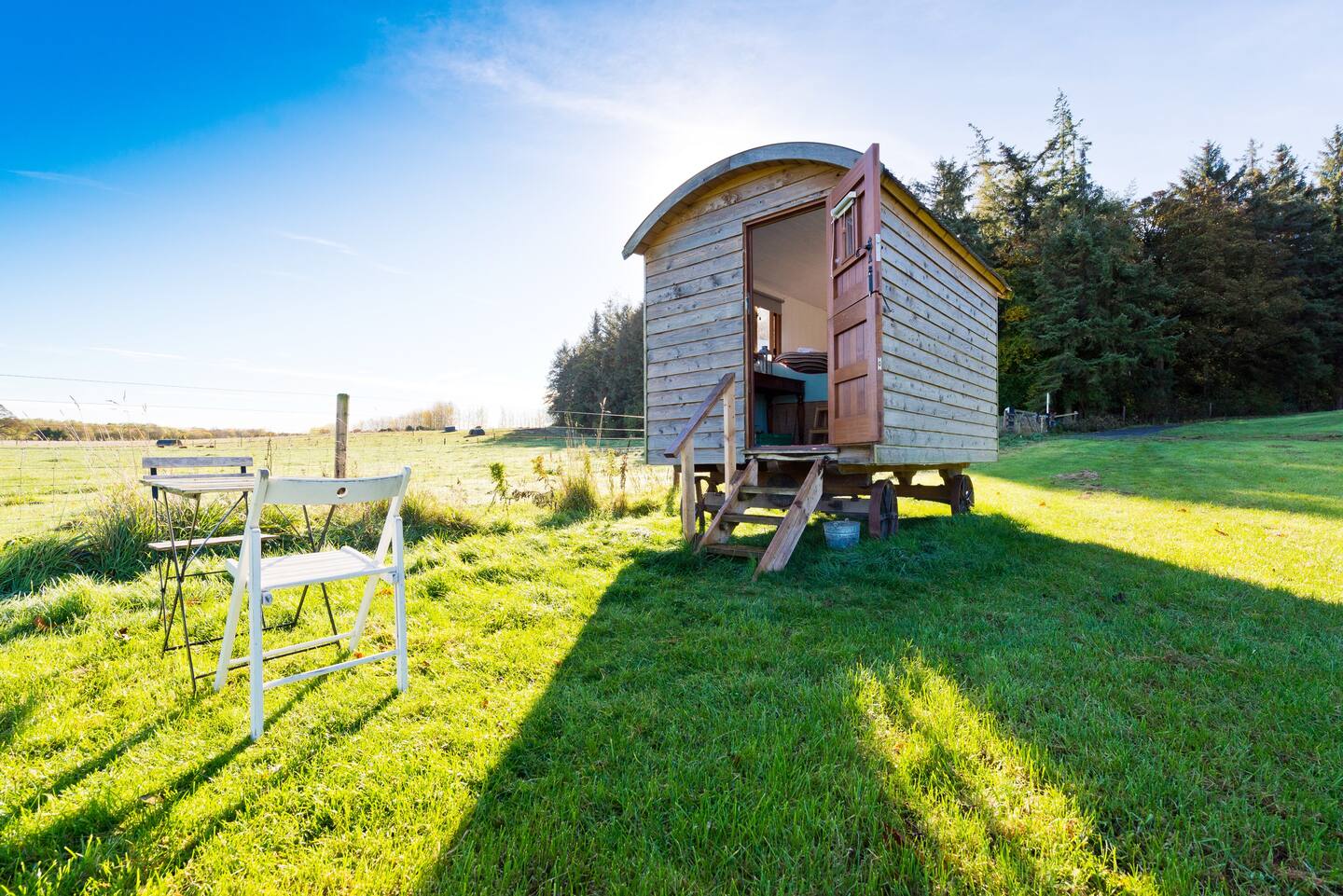 pine-shepherds-hut-in-field-on-sunny-day-at-rock-farm-slane-glamping-with-hot-tub-ireland
