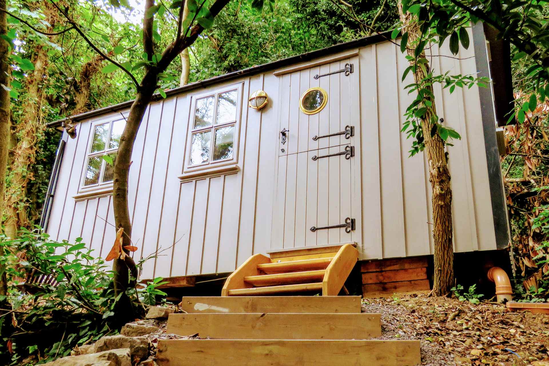 steps-leading-up-to-the-old-mill-shepherds-hut-amid-trees-glamping-with-hot-tub-ireland