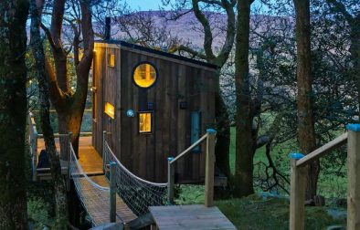 the-birdbox-treehouse-in-the-trees-lit-up-at-night-glamping-donegal