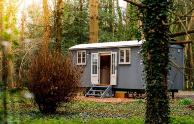large-grey-shepherds-hut-in-forest-at-ketteringham-hall-glamping-norfolk