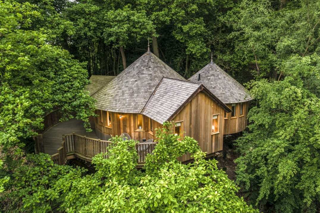 aerial-view-of-the-buzzardry-treehouse-amid-trees-glamping-sussex