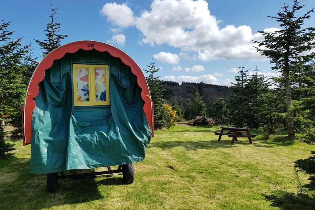teal-and-red-gypsy-caravan-in-field-at-clissmann-horse-caravans-glamping-wicklow