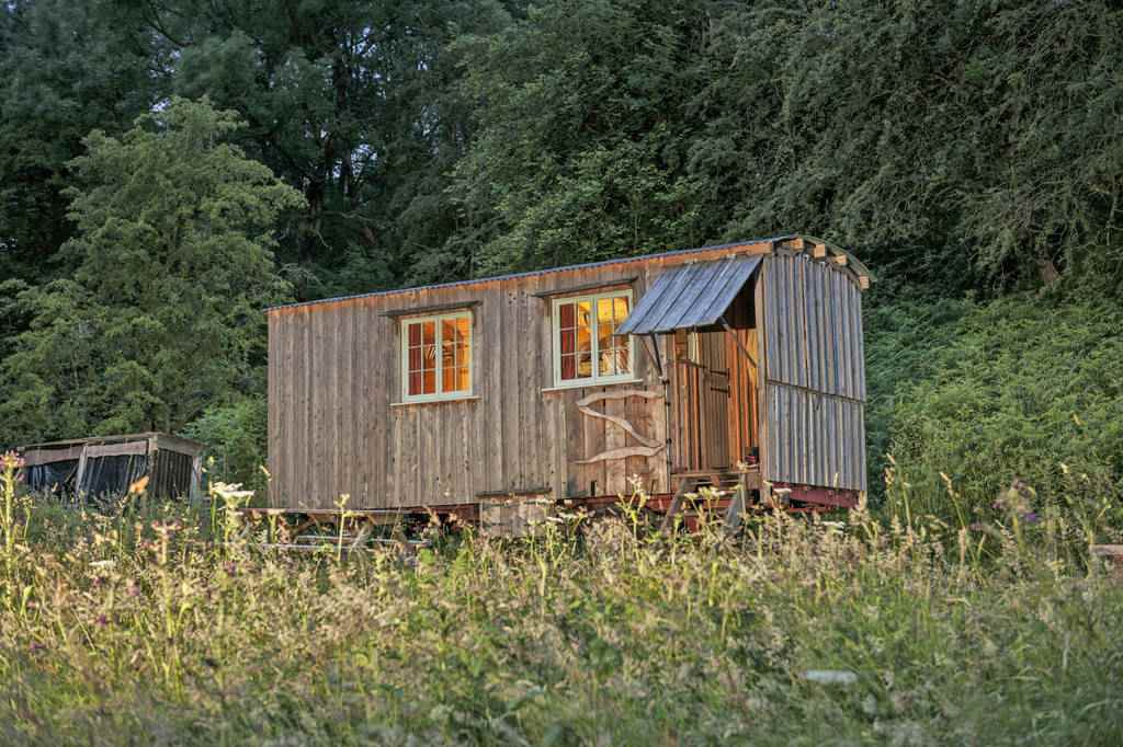 grey-gwennol-cabin-in-front-of-trees-in-field-glamping-south-wales