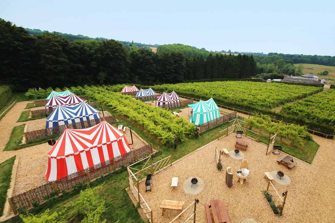 aerial-view-of-leeds-castle-knights-glamping-tents-glamping-kent