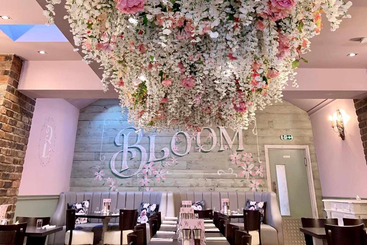 pink-flowers-on-ceiling-in-bloom-bar-and-bistro-bottomless-brunch-liverpool