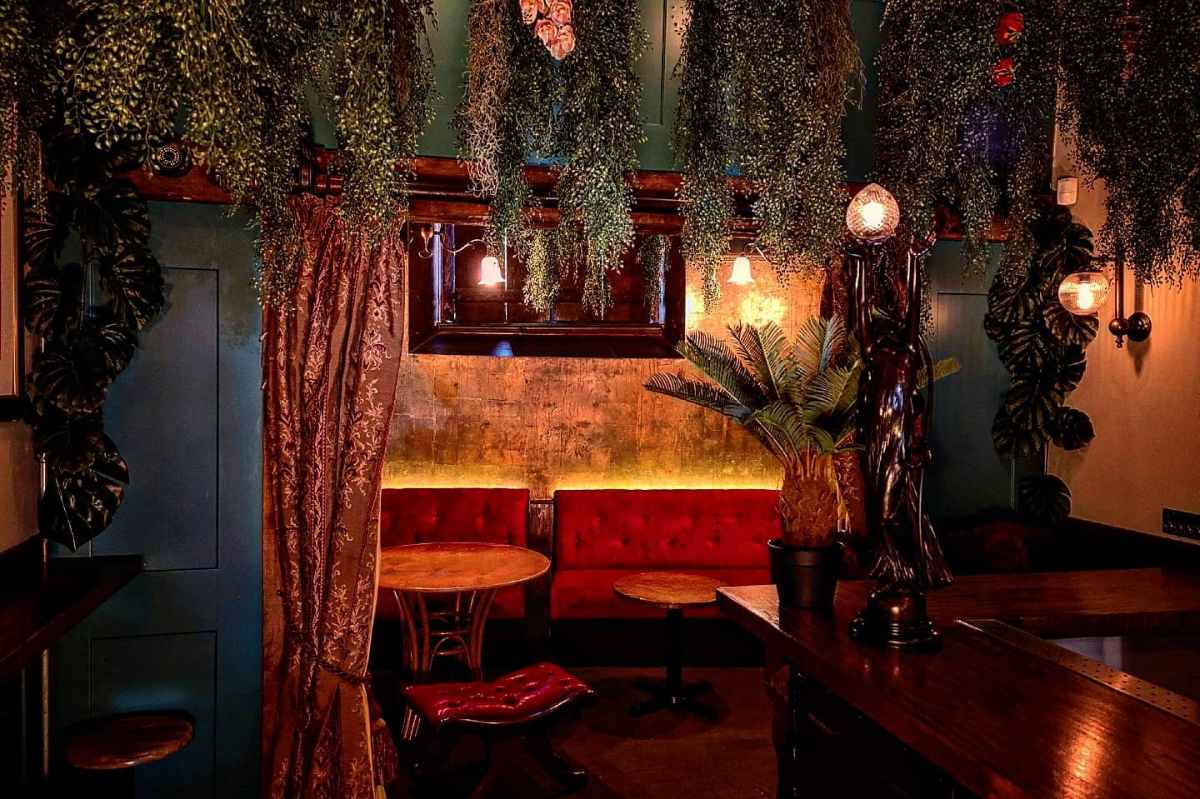 red-sofa-and-plants-in-doctor-inks-curiosities-bar