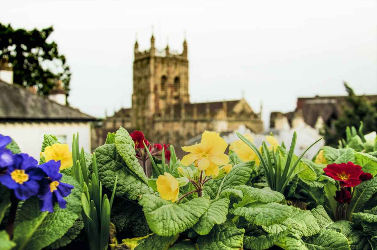 flowers-in-front-of-malvern-priory-on-cloudy-day