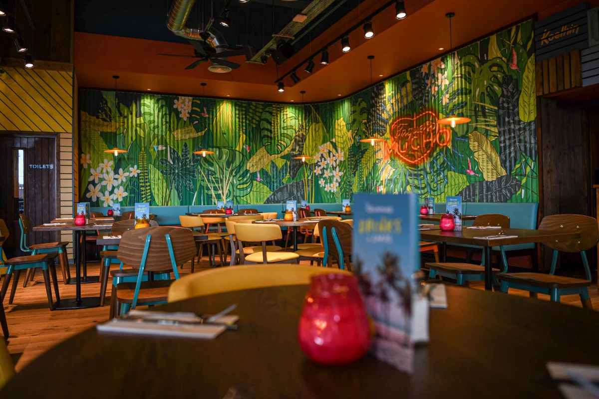 tables-in-las-iguanas-restaurant-by-colourful-wall