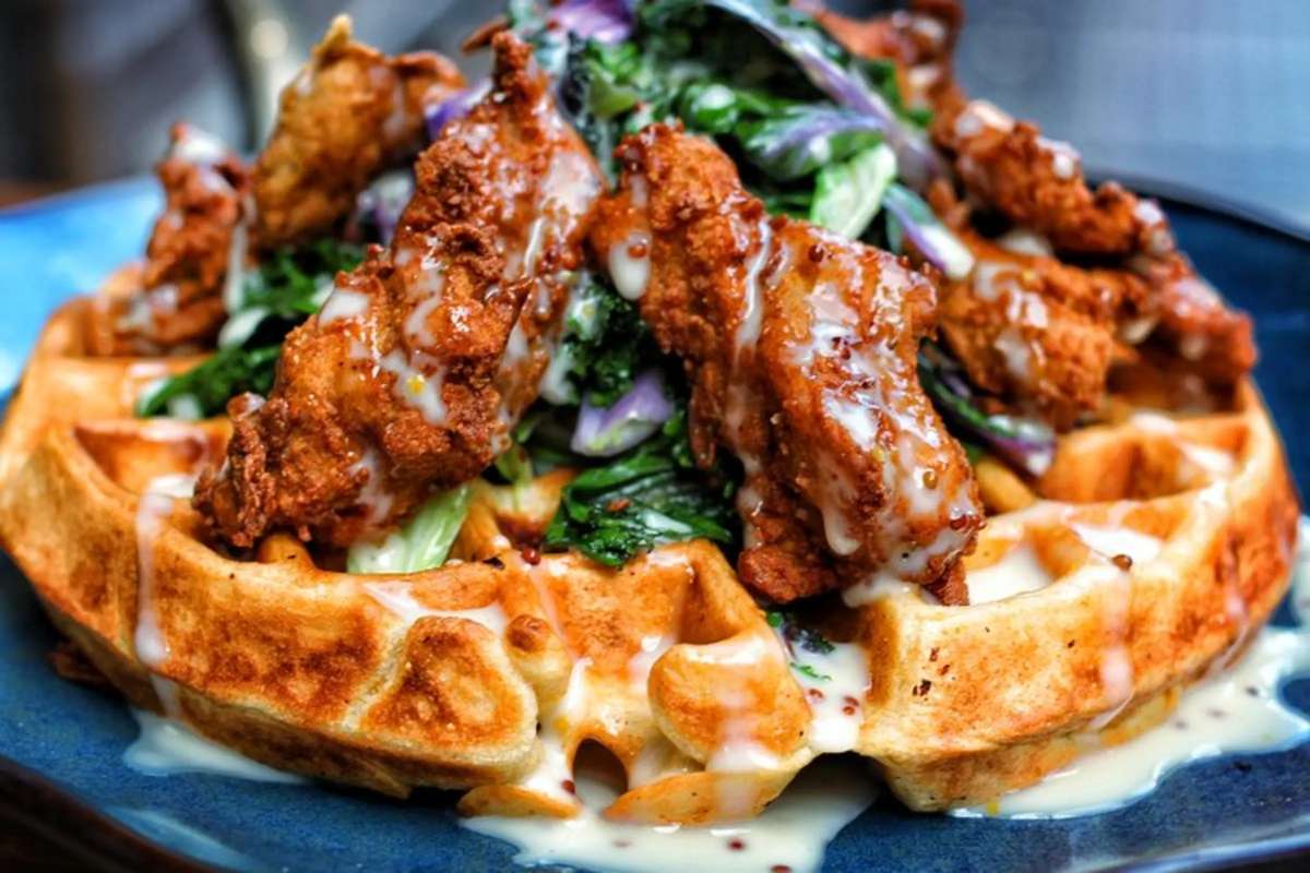 chicken-and-waffles-on-the-table-at-urban-vegan-kitchen