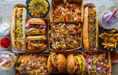 selection-of-food-on-the-table-at-vegan-noms-vegan-burgers-brighton