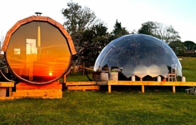 exterior-of-deerstone-glamping-domes-at-sunset