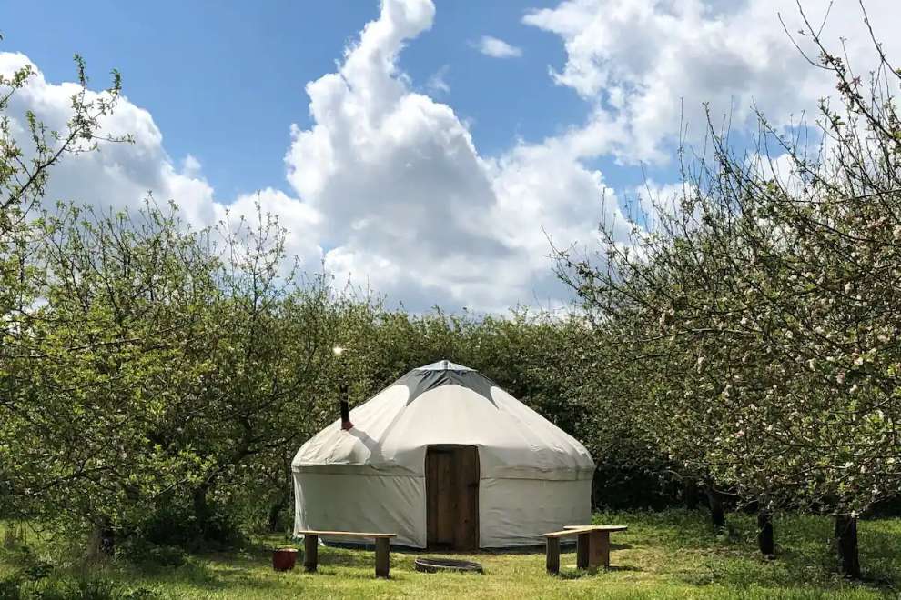 exterior-of-the-orchard-yurt-in-the-daytime-glamping-cambridge