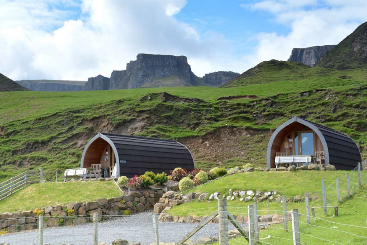 two-pods-on-a-mountain-at-flodigarry-pods-in-the-daytime-glamping-isle-of-skye